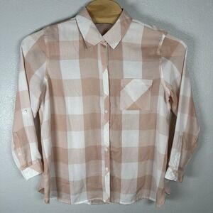 John Mark Shirt Womens Size XL Peach Pink Gingham Button Up Tunic Top Semi Sheer